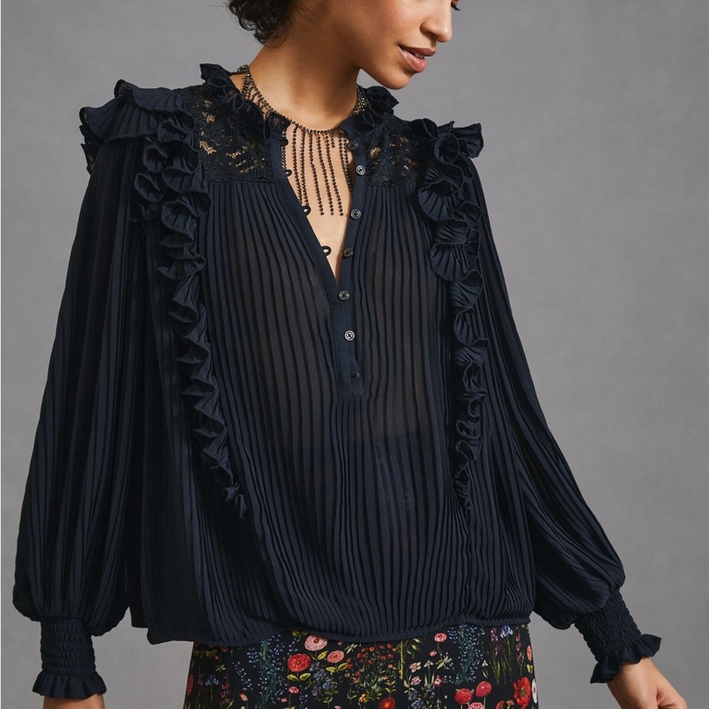 NWT- Anthropologie Black Ruffle Lace Blouse